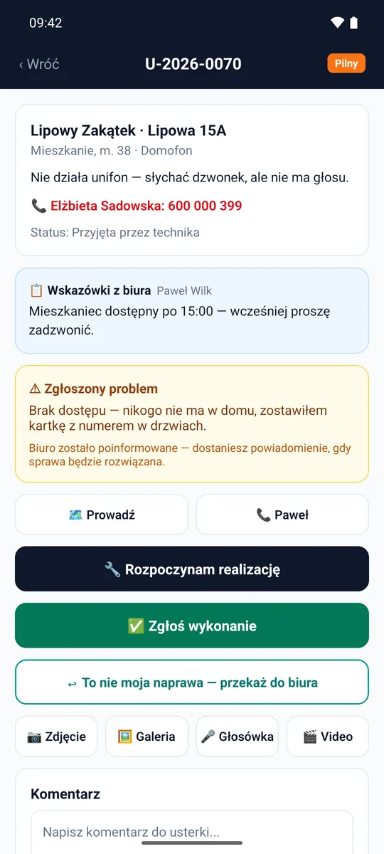 Aplikacja: wskazówki z biura i zgłoszony problem