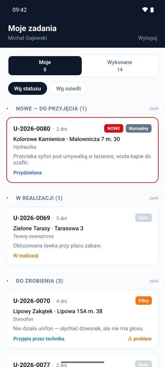 Aplikacja technika: lista zadań z nowym zleceniem na górze
